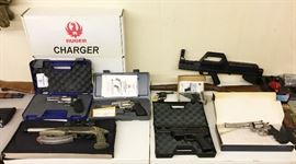 SWEET SELECTION OF HANDGUNS, 3 RUGER CHARGER PISTOL 1 BRAND NEW. S&W 500 MAGNUM, RUGER 454 CASULL, S&W 44 MAGNUM & MORE