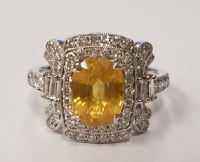 Platinum yellow sapphire & diamond ring Ap $11945