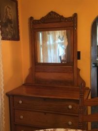Antique Oak Dresser w/Mirror, Religious Picture (One of Several)