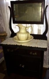 Antique Dresser w/Mirror, Antique Pitcher and Wash Bowl Set