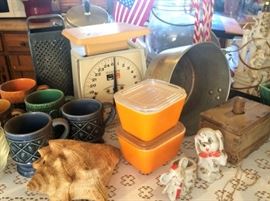 Vintage Kitchen Scale, Grater, Mugs, Butter Mole, More