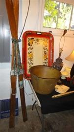 Large Vintage Tray, Copper pot, wood ski's