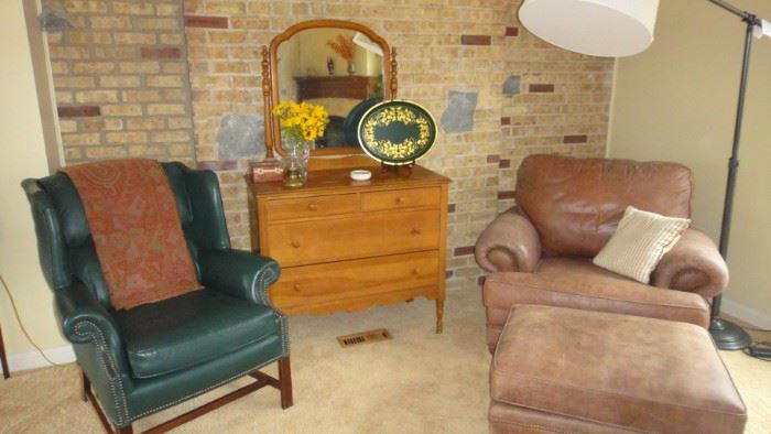 Thomasville  leather arm chair w/ Ottoman. Matching sofa. Green leather arm chair, Antique chest w/ mirror. Restoration Hardware Floor lamp