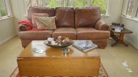 Thomasville Leather sofa, matching chair and ottoman, oak drop leaf coffee table