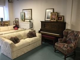 Sealy Furniture white taffeta design sofa sleeper. Wing back chair