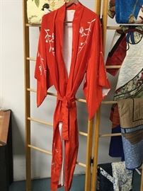 Red silk kimono-style robe