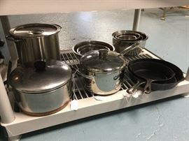 Stainless stock pot. Revere ware Dutch oven. Large Farberware cooking pot. Cast iron pans. 