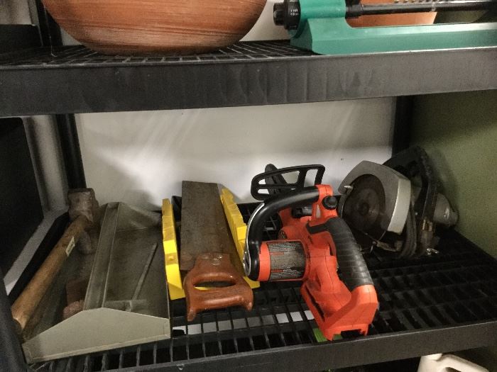 Mitre saw and box, Black and Decker chain saw, Craftsman 7-inch Power saw.