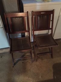 Pair of Leather and Wood Folding Chairs.