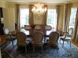 French Chairs - possibly antique but have been faux-finished in a Gold leaf, hand rubbed finish. Velvet upholstery. EJ Victor Dining Table