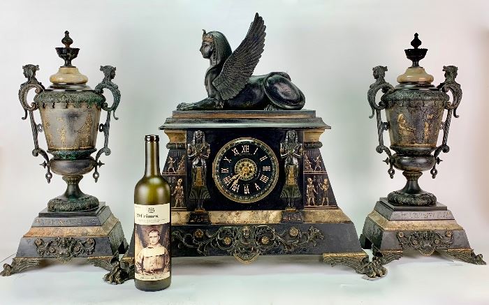 Late 19th Century Egyptian Revival Clock Garniture