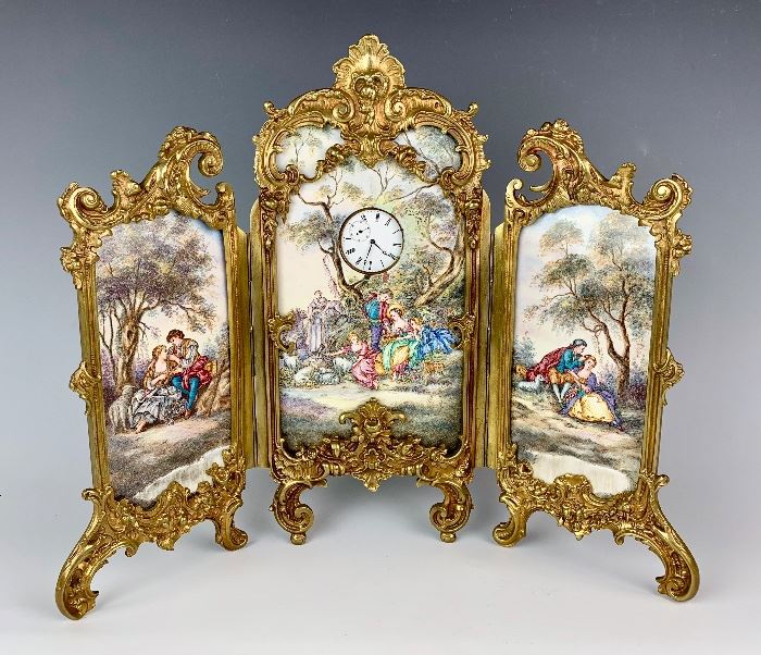 Large Viennese Enamel Screen with Clock