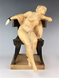 Art Deco Alabaster & Bronze "Nude in Chair"