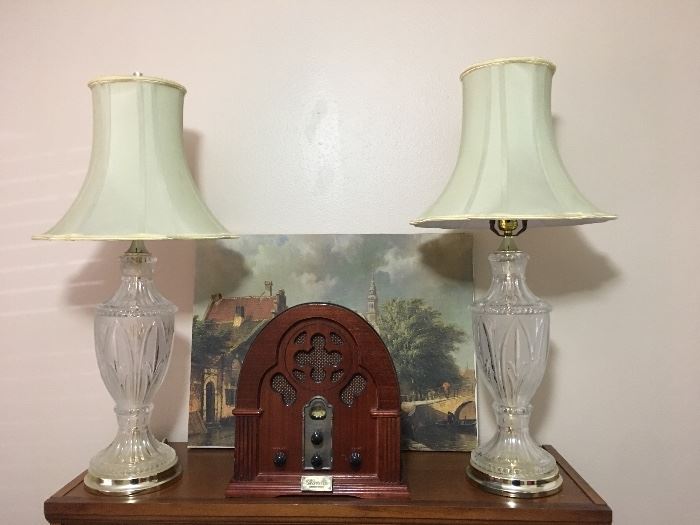 Pair matching cut & etched lamps w/ fancy shades. 
