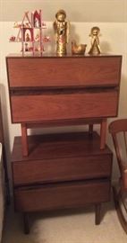 Pair of Stanley walnut & rosewood nightstands (each is 25" wide, 23.5" high, 15" deep)