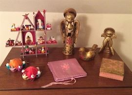 A few of the many Xmas decorations + pin cushions, satin hankie holder & gilt Florentine box