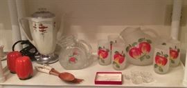 Occupied Japan tomato S & P shakers, vintage Royal Rochester electric percolator with poppy design, glass pitcher with tomato, Fire King frosted glass pitcher & 6 glasses with apples