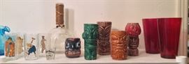 Vintage peek-a-boo nudie glasses, Pyrex flask, Tiki Farm tumblers, ruby glass vases