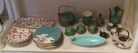 Chintz plates & tray, Japanese plate set, green Japanese tea set & sake set, Franciscan Coronado aqua celery dish, low Japanese teapot.
