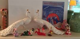 Peacock figurines with jeweled tails, pixie/elf igurines, pipe cleaner snowmen, Napco girl with candy cane ceramic bell, green Haeger vase, vintage sheet music