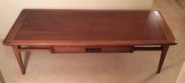 Mid century Lane coffee table with drawer (54" long, 21" deep, 14.5" high)