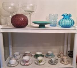 Colorful glass, Vernon Kilns Early California turquoise footed bowl, cups & saucers