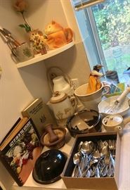 Studio pottery including coffee pot with separate filter cone, a few cookbooks, stainless flatware set with "H" monogram