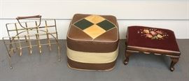 Mod magazine rack, vinyl hassock, needlepoint stool