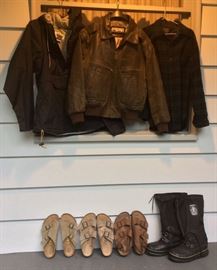 Mens outerwear: REI Gore-Tex shell, Boeing leather bomber jacket, Pendleton blue & green plaid wool shirt (all size large), Birkenstocks size 40-41-42, Sorel snow boots