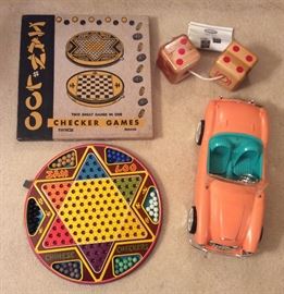 Vintage Chinese checkers game with marbles & original box, Barbie car (Austin Healy), giant wooden yard dice