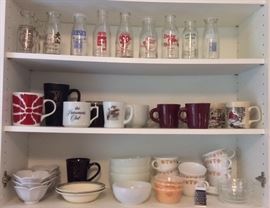 Japanese milk bottles, assorted mugs, Corelle cups & saucers, Fire King bowls