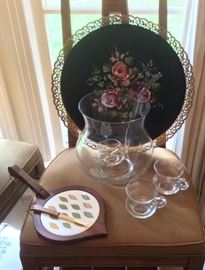 Mod cheese board, round tole painted tray, Kosta Boda glass punch bowl & 24 matching cups (2 cups pictured)