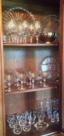 Assorted stemware - etched wine glasses, set of 8 Fostoria Romance champagnes, glass platters, shot glasses & more