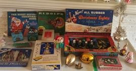Vintage Xmas items: Little Golden kids records, metal icicles in original box, angel chimes, Noma Mazda Xmas light set in box, German mercury glass tree topper