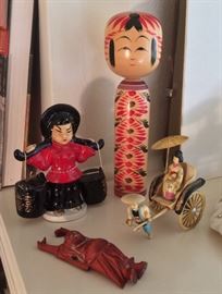 Asian items - Kokeshi doll, small wooden Buddha, vintage salt & pepper set