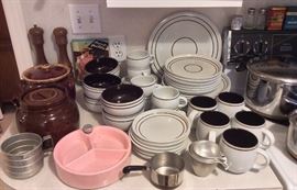 Vintage bean pots, set of Denby "Vanilla" stoneware dishes, measuring cups, pink baby dish