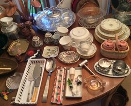Assorted serving pieces, glass & chrome lazy susan, Candlewick glass bowl, Lenox Oxford Fontaine china