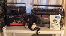 Vintage boomboxes: Sony AM/FM radio cassette-corder (Model CFM-170TV, purchased in Japan in early 1990s), Sanyo M9990 AM/FM stereo cassette recorder, AKAI ASE-22 headphones