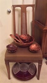 One of 4 Drexel Triune dining chairs + wooden salad set, vintage ceramic lazy susan