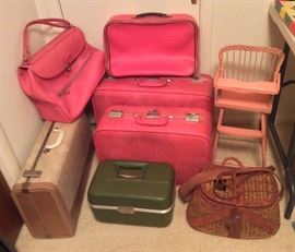 Vintage luggage, old fishing creel with tooled leather strap, pink wicker doll high chair