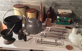 Cast iron cauldron pot + mortar & pestle, sad iron, old kettle, canisters, chrome spice racks, fondue set