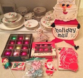 More vintage Xmas: boxed Shiny Brite ornaments, angel tree topper, chenille poinsettias, set of cloth Santa cocktail napkins, Santa mail holder