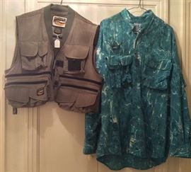 Browning fishing vest, Aqua Design fishing shirt (size large)