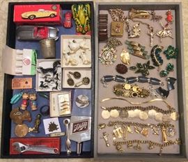 Small collectibles incl. Tekno Jaguar E (toy car) with box, mini animal figurines, Mexican cufflink set, Schlitz beer tap. Costume jewelry: musical poodle bracelet, vintage animal pins, rhinestone brooches, old garnet brooch, braceles including charm bracelets (10 Commandments & NW theme)