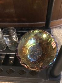 Carnival glass pedestal bowl