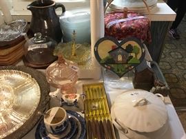 Longaberger pumpkin covered basket and various kitchen items