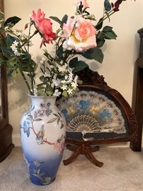 Oriental Vase and Wooden Fan Display