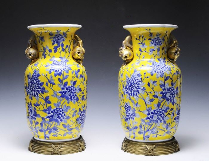 (2) Yellow Ground Vases w/ Bronze Stands