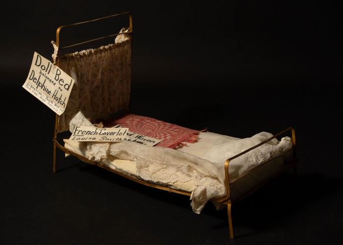 Antique Doll Bed with Hand Woven Tapestry