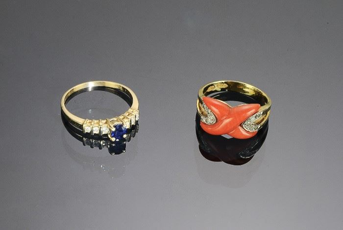 (2) Rings 14k Gold Coral, Diamonds and Sapphires